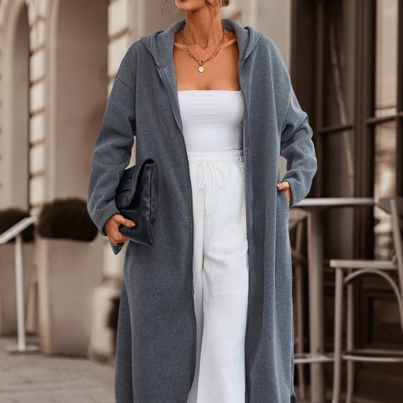 Casual Drawstring Hem Zip Up Hoodie Dark Grey - Picture 3 of 7